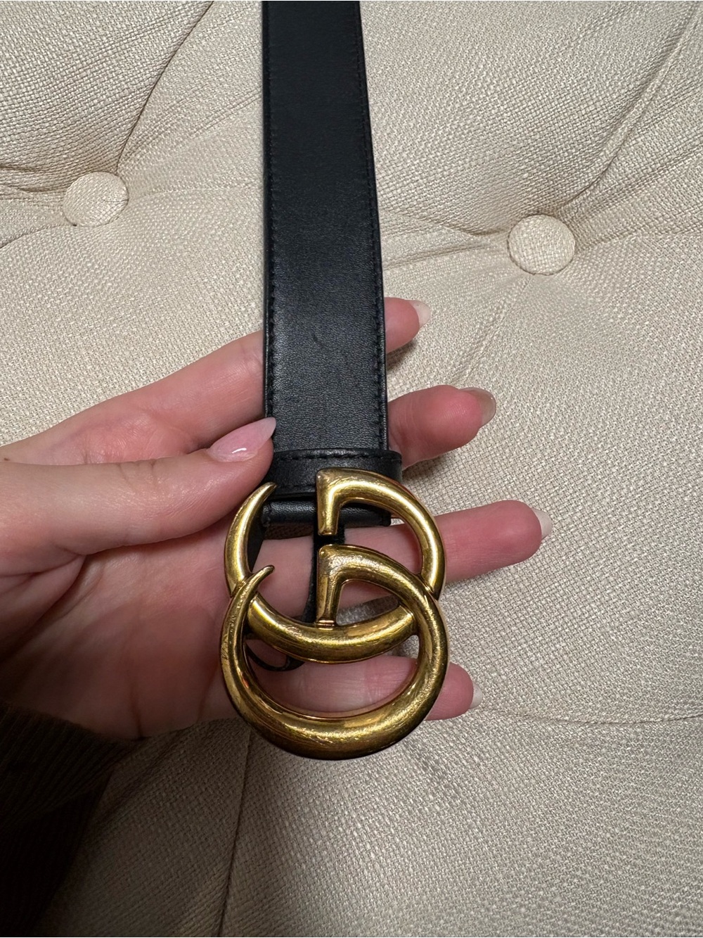 Gucci Black Leather Belt with Antiqued Gold Interlocking G Buckle